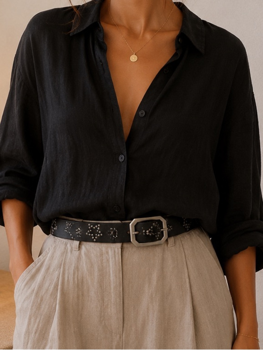 We The Free Black Studded Leather Belt with Silver Buckle